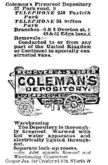 Colemans Fireproof Depository Ad From Gore’s Directory of Liverpool & Birkenhead