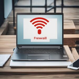 Safe Internet for Real Estate Teams: Fast; Laptop with firewall and security warnings to protect business Wi-Fi network.