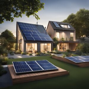 A visual representation of sustainability, such as a home with a solar panel installation or a garden with green innovations.