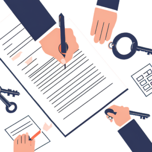 Close-up of a landlord signing a tenancy agreement with legal documents and keys, highlighting the importance of legal compliance for UK landlords.