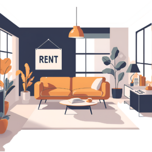 Modern apartment interior with 'For Rent' sign, illustrating rental income potential in property investment.