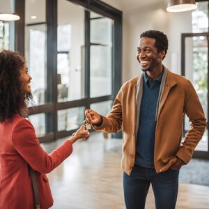 Buy-to-let A smiling landlord meeting tenants or showcasing keys, signifying trust and positive rental experiences.